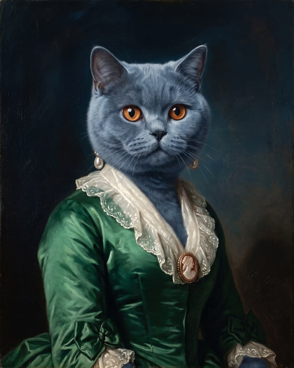 Gray British shorthair cat painted as a duchess in an emerald gown