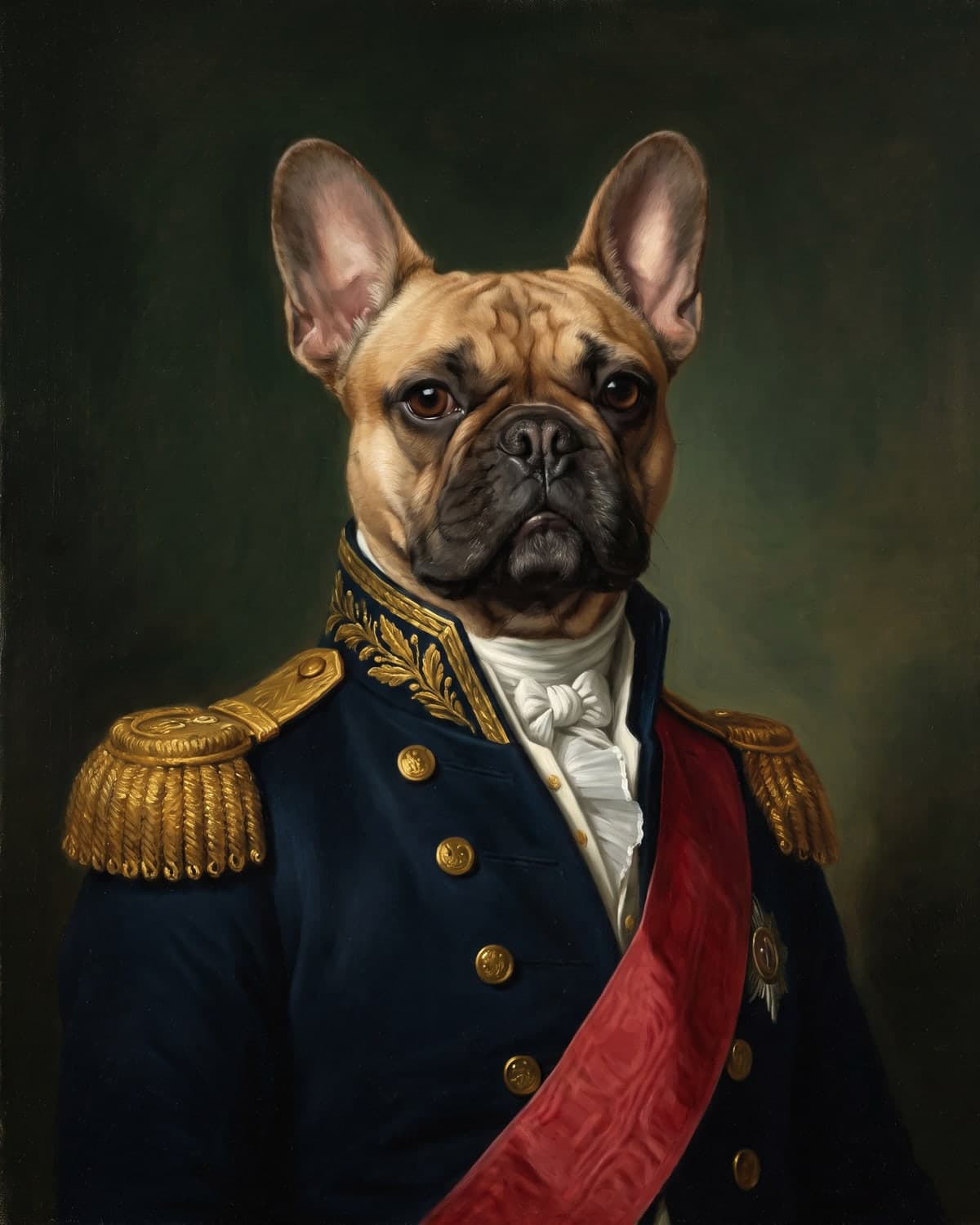 French bulldog painted as a naval admiral with gold epaulettes
