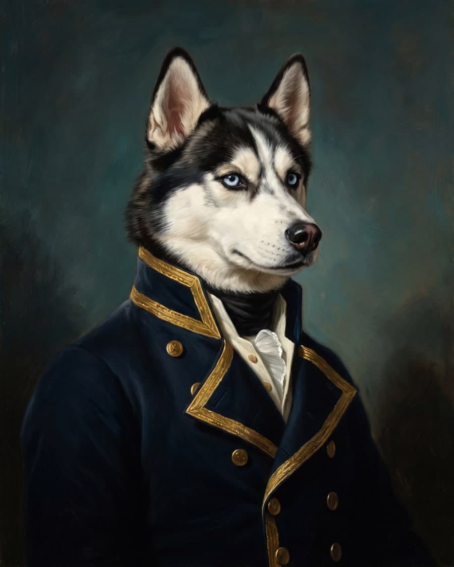 Siberian husky with blue eyes painted as a naval captain in a navy coat with gold buttons