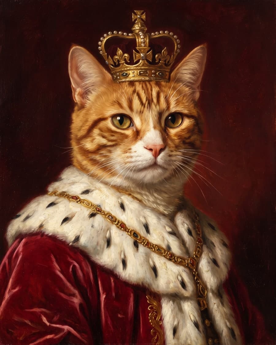 Orange tabby cat painted as a king in a crimson velvet robe with an ermine collar and small crown