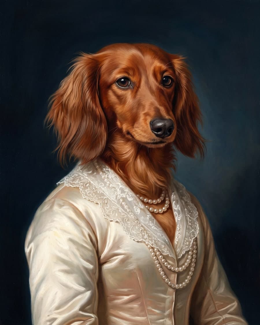 Long-haired dachshund painted as a duchess with a pearl necklace and lace collar