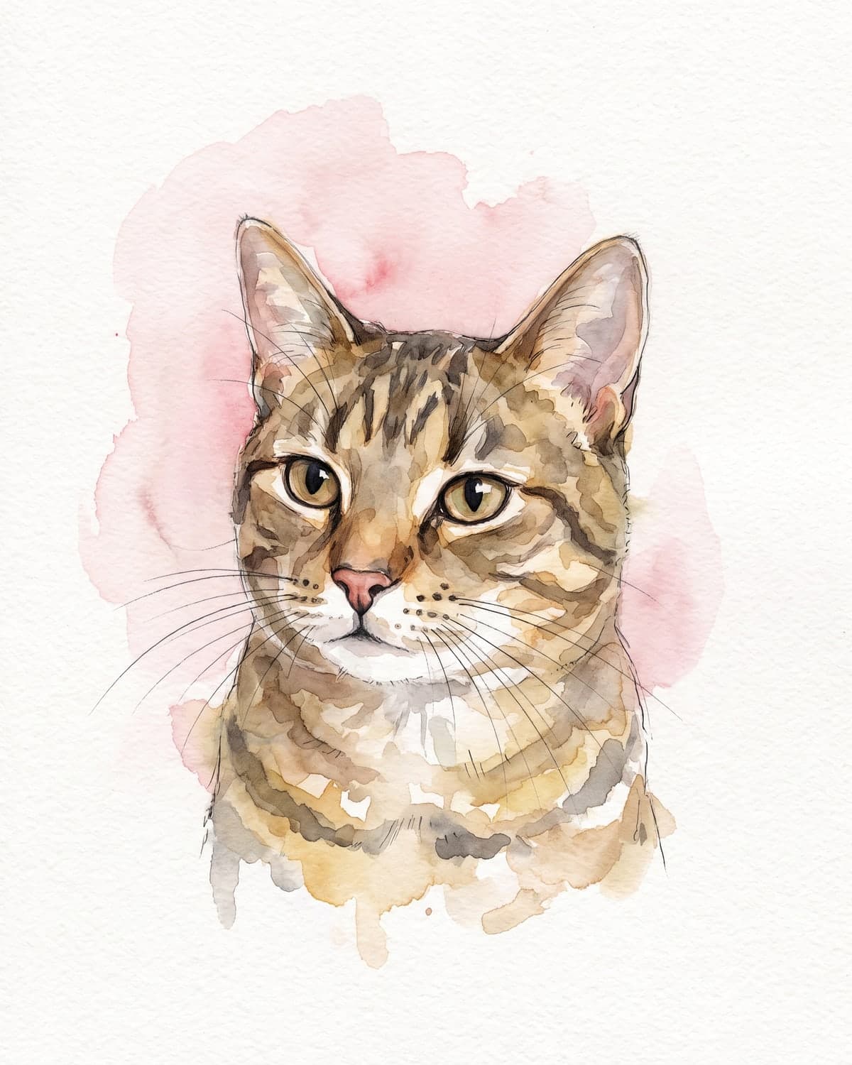 Watercolor portrait of a tabby cat on a blush pink wash