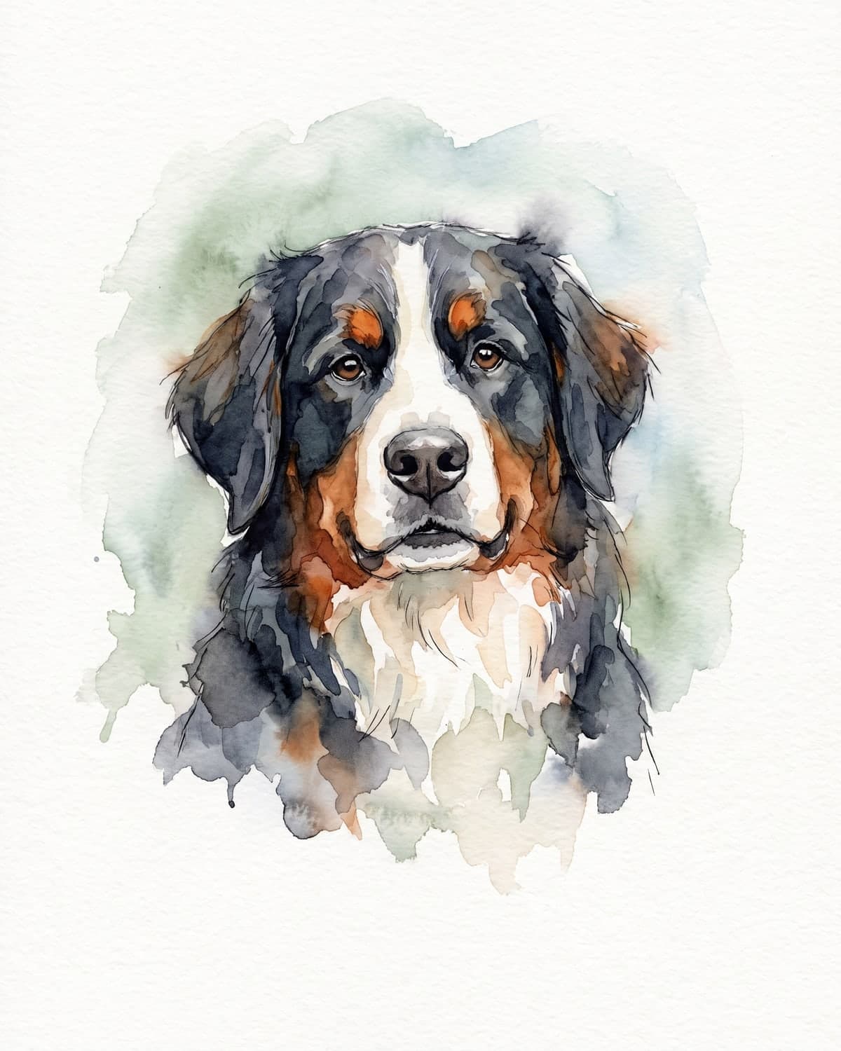 Watercolor portrait of a Bernese mountain dog on a sage wash