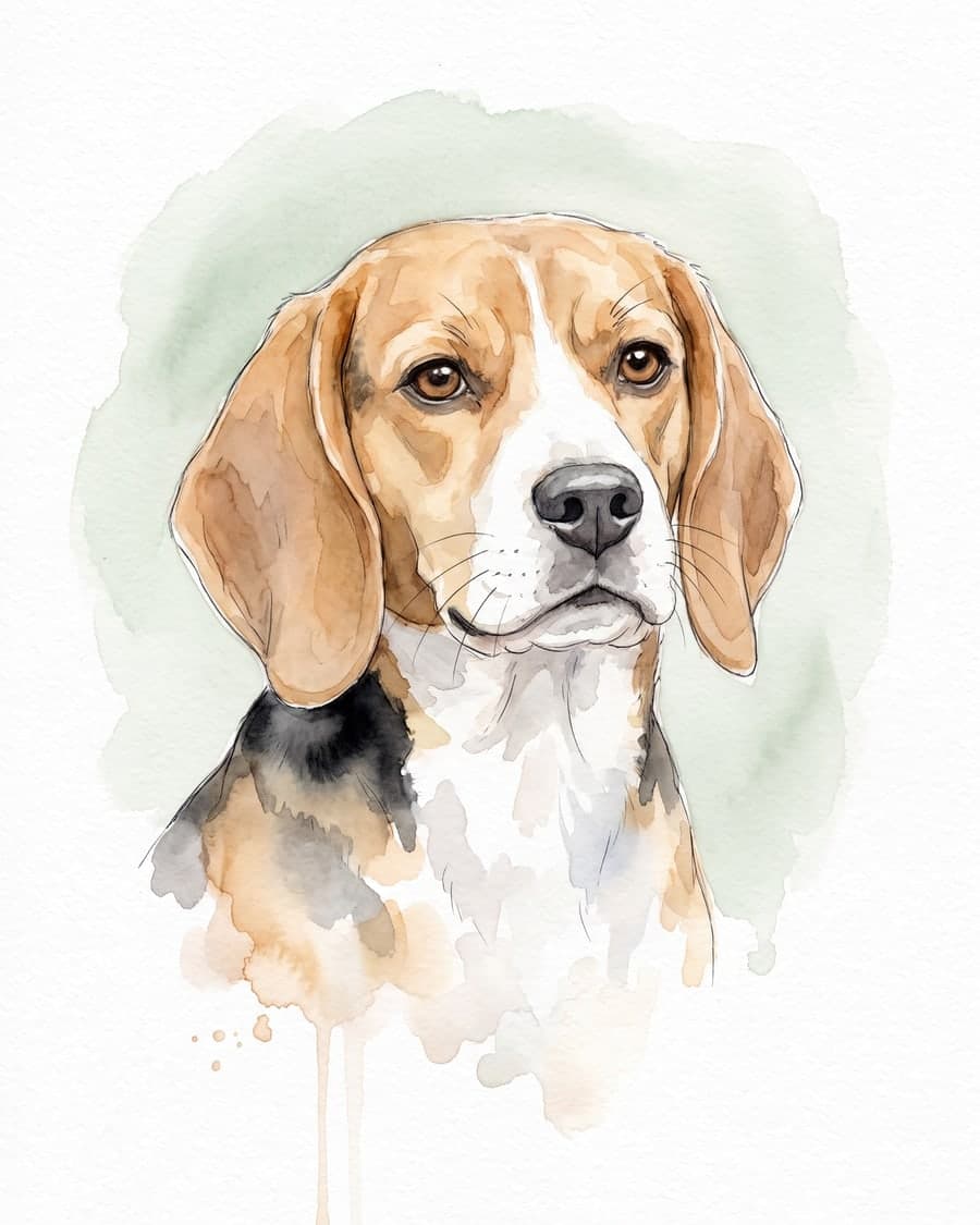 Watercolor portrait of a beagle on a soft sage wash