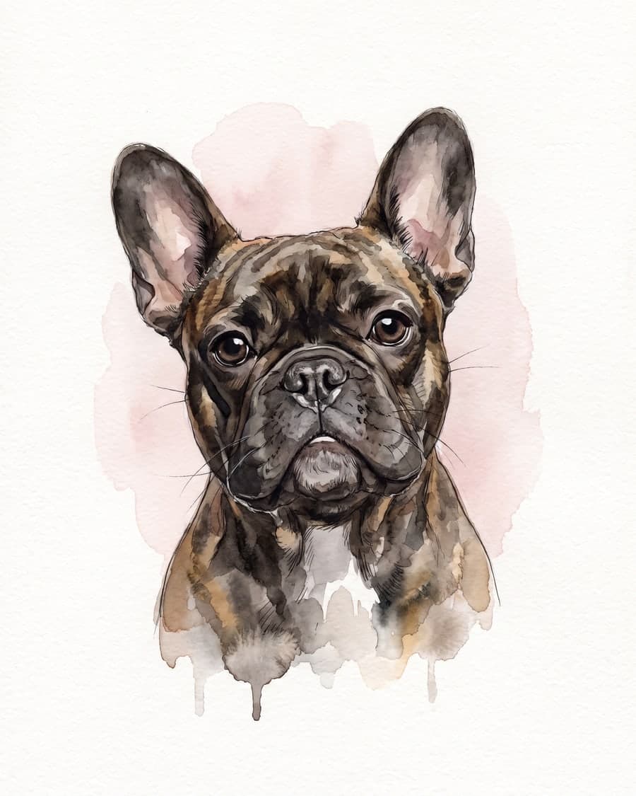 Watercolor portrait of a brindle French bulldog on a soft blush wash