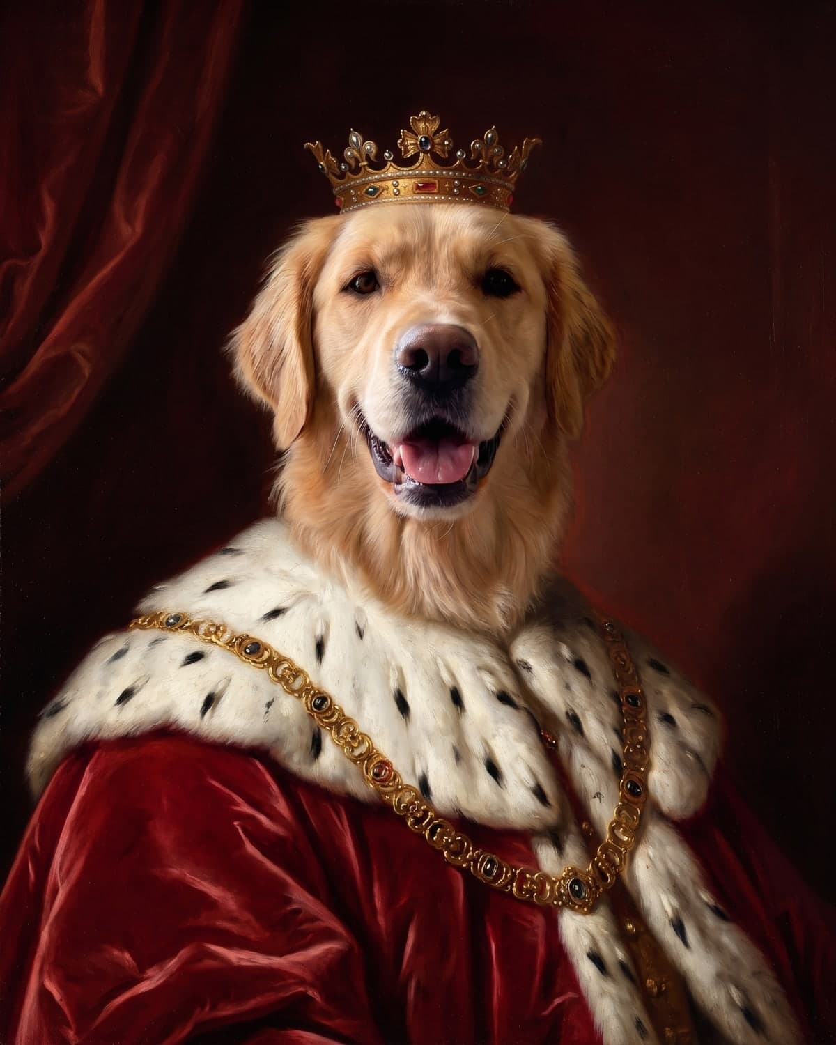 The same golden retriever as a royal oil portrait in a crimson robe