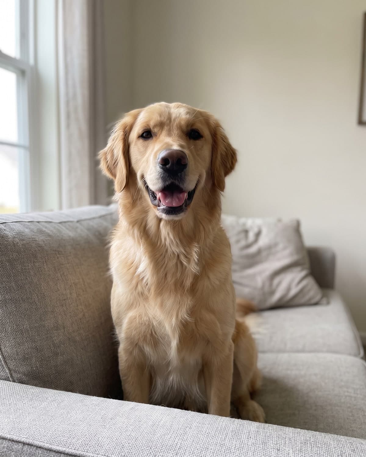 Example: Phone photo of a golden retriever sitting on a sofa