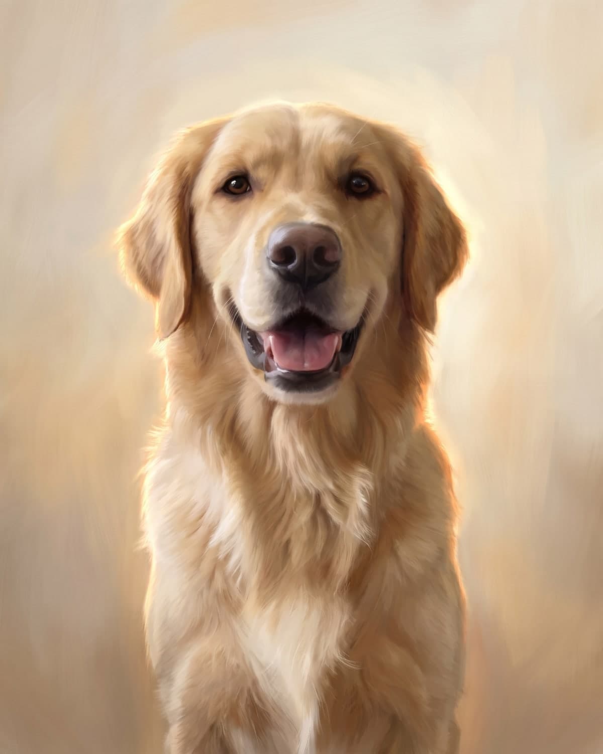 The same golden retriever as a gentle portrait in warm golden light