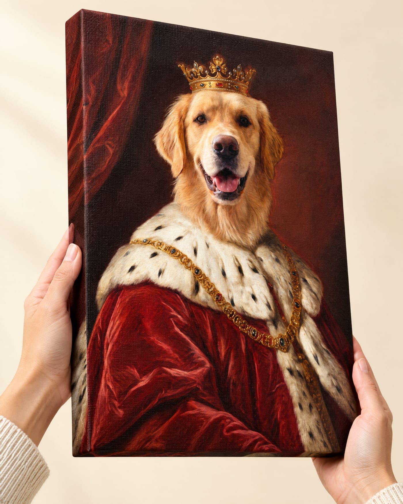 Hands holding a canvas portrait at an angle to show the thick wrapped edge