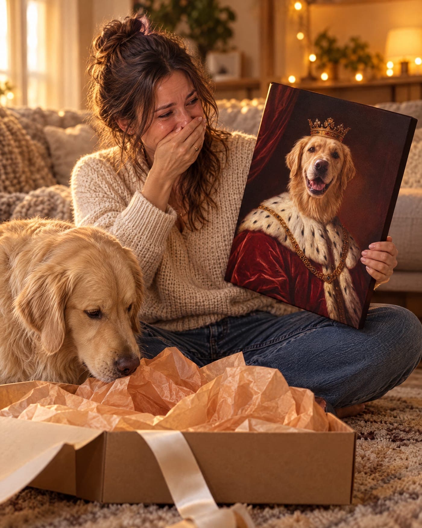 Example: a woman, overjoyed, unwrapping a royal canvas portrait of her golden retriever