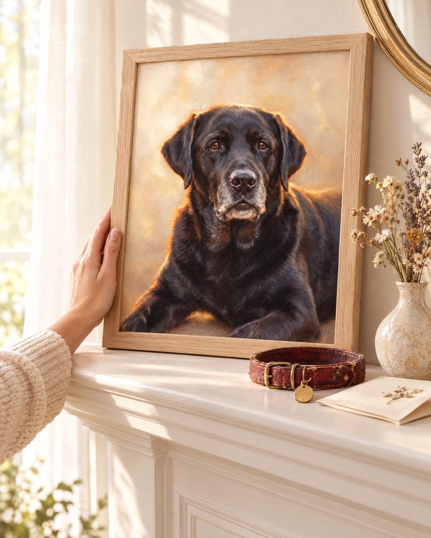 Hands placing a gentle portrait of a black labrador on a mantel beside its collar and dried flowers
