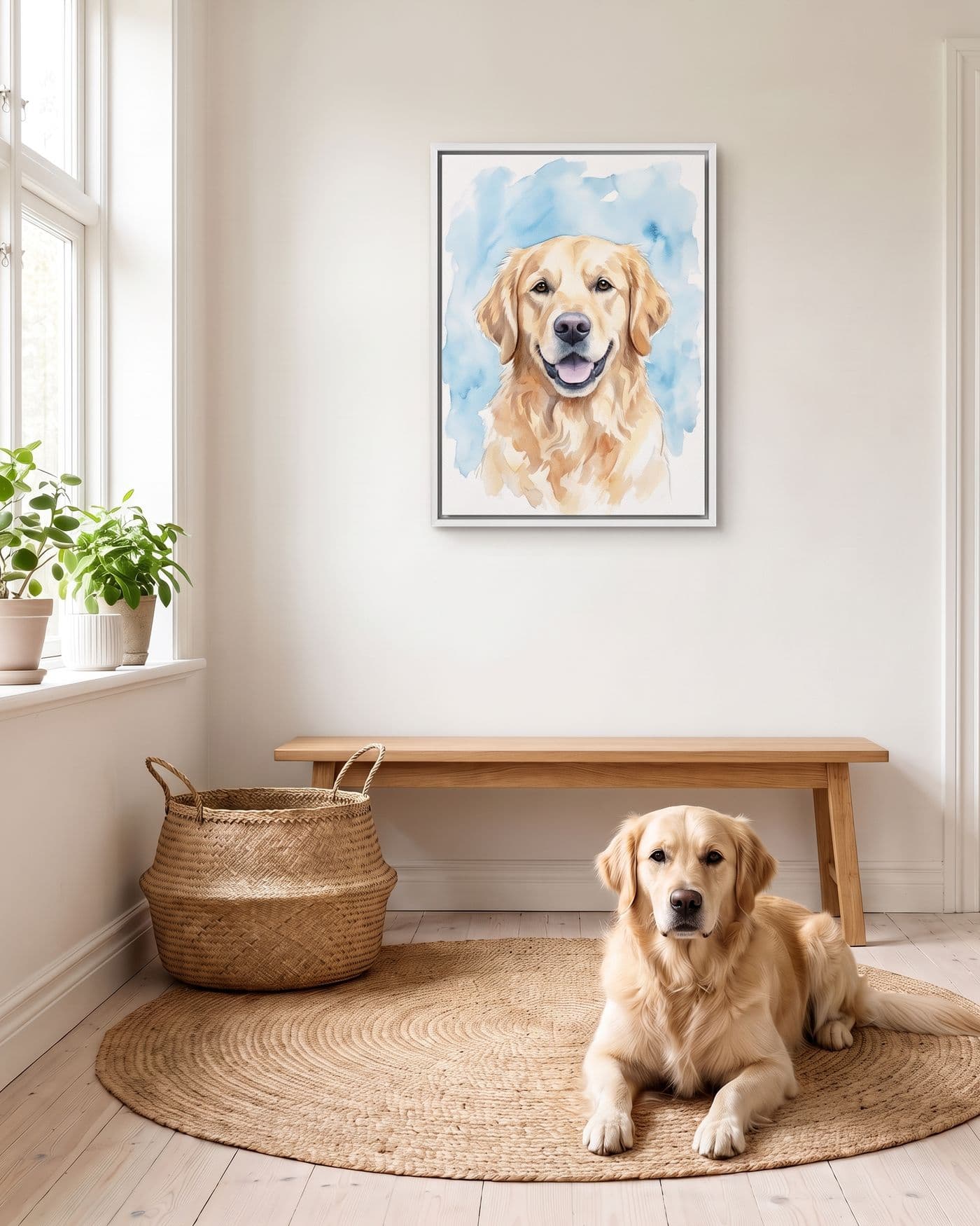 Example: a golden retriever lying on a jute rug in a bright entryway, below his watercolor portrait in a slim white frame