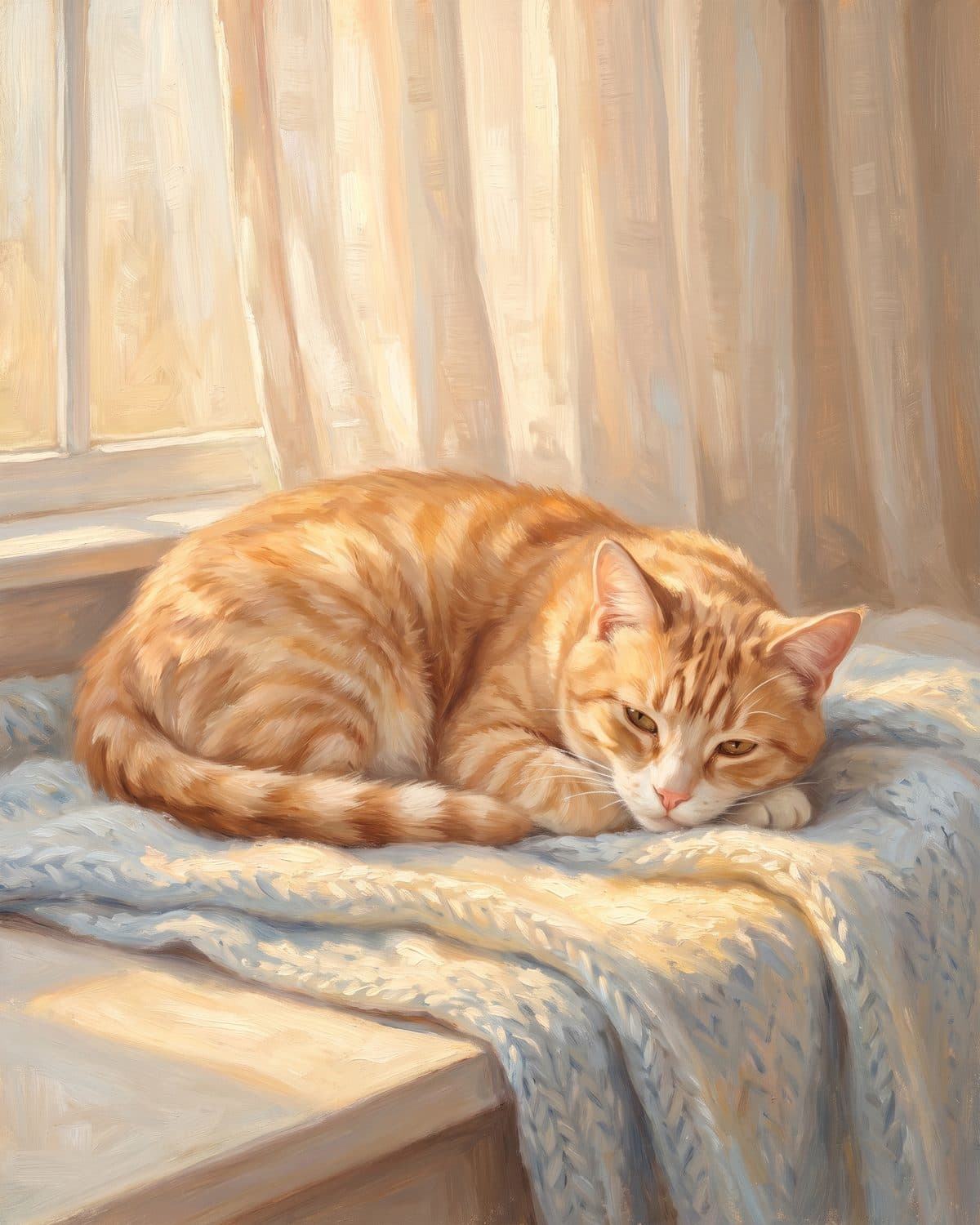 Example: a gentle portrait of a ginger tabby cat curled up asleep on a pale blue knitted blanket on a sunny window seat