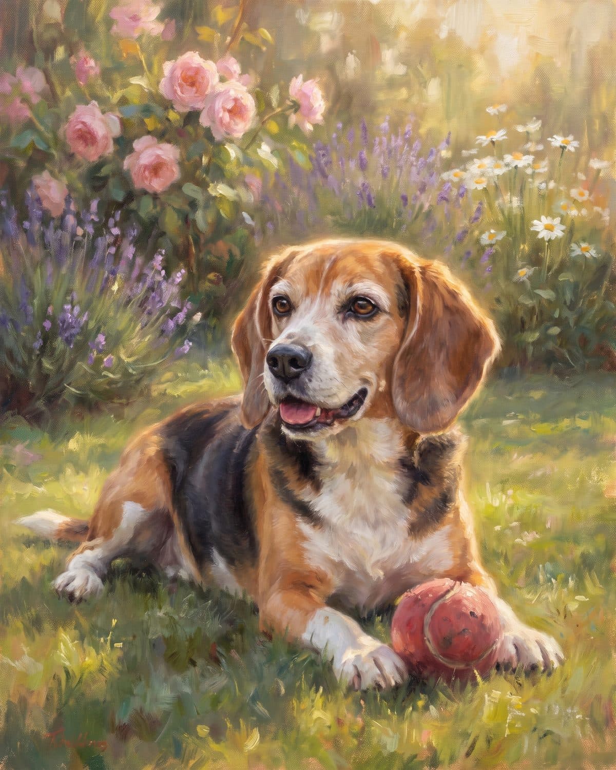 Example: a gentle portrait of a tricolor beagle lying happily in a sunlit garden, a red ball at her paws