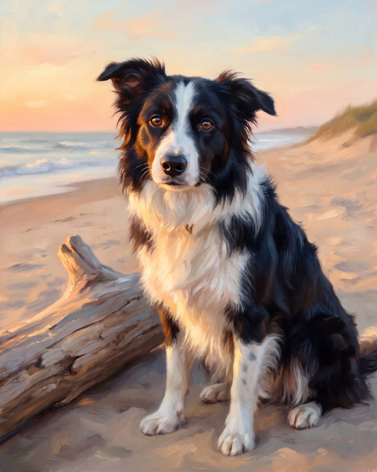 Example: a gentle portrait of a border collie sitting by driftwood on a beach at golden hour, looking straight out of the painting