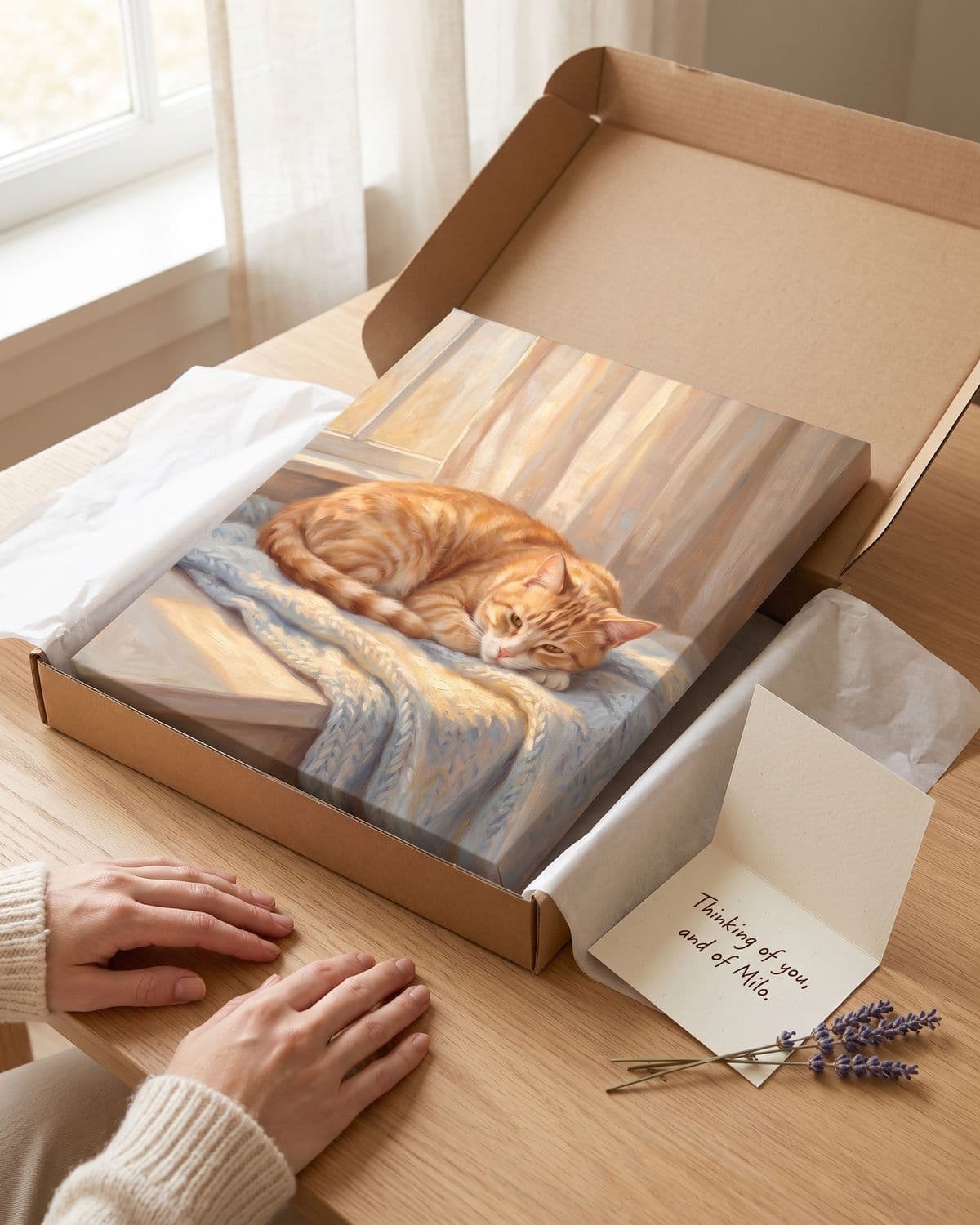 Example: a canvas portrait of a ginger cat in an open gift box on a table, beside an open card that reads “Thinking of you, and of Milo.” and a sprig of lavender
