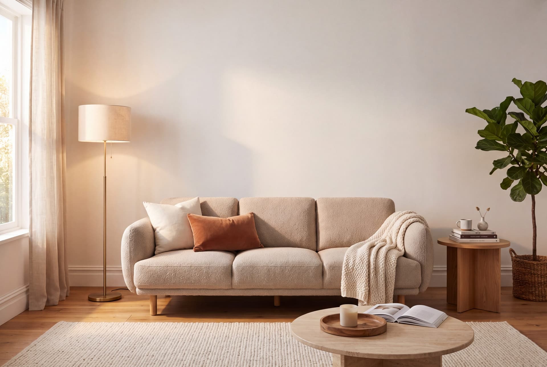 A warm living room in afternoon light: a boucle sofa with a terracotta cushion and a knit throw, a lit floor lamp, a fiddle-leaf fig and a travertine coffee table