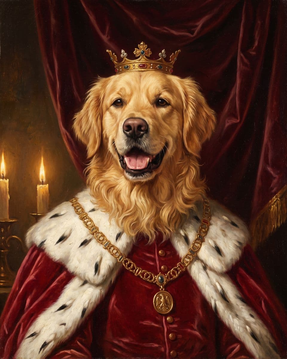 Example: The same golden retriever as a royal oil portrait, as a king (robe and crown)