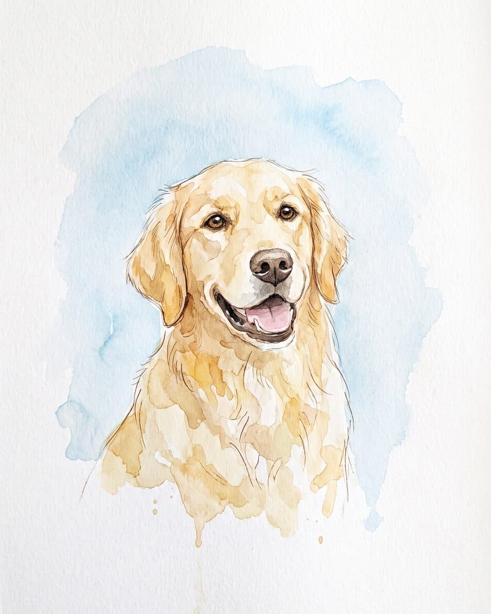 Example: The same golden retriever as a soft watercolor portrait on a sky wash